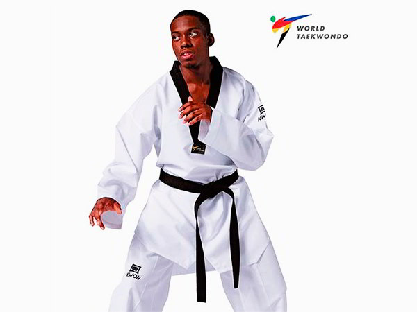 Hombre con vestimenta de Taekwondo y Sipalki en postura de ataque.